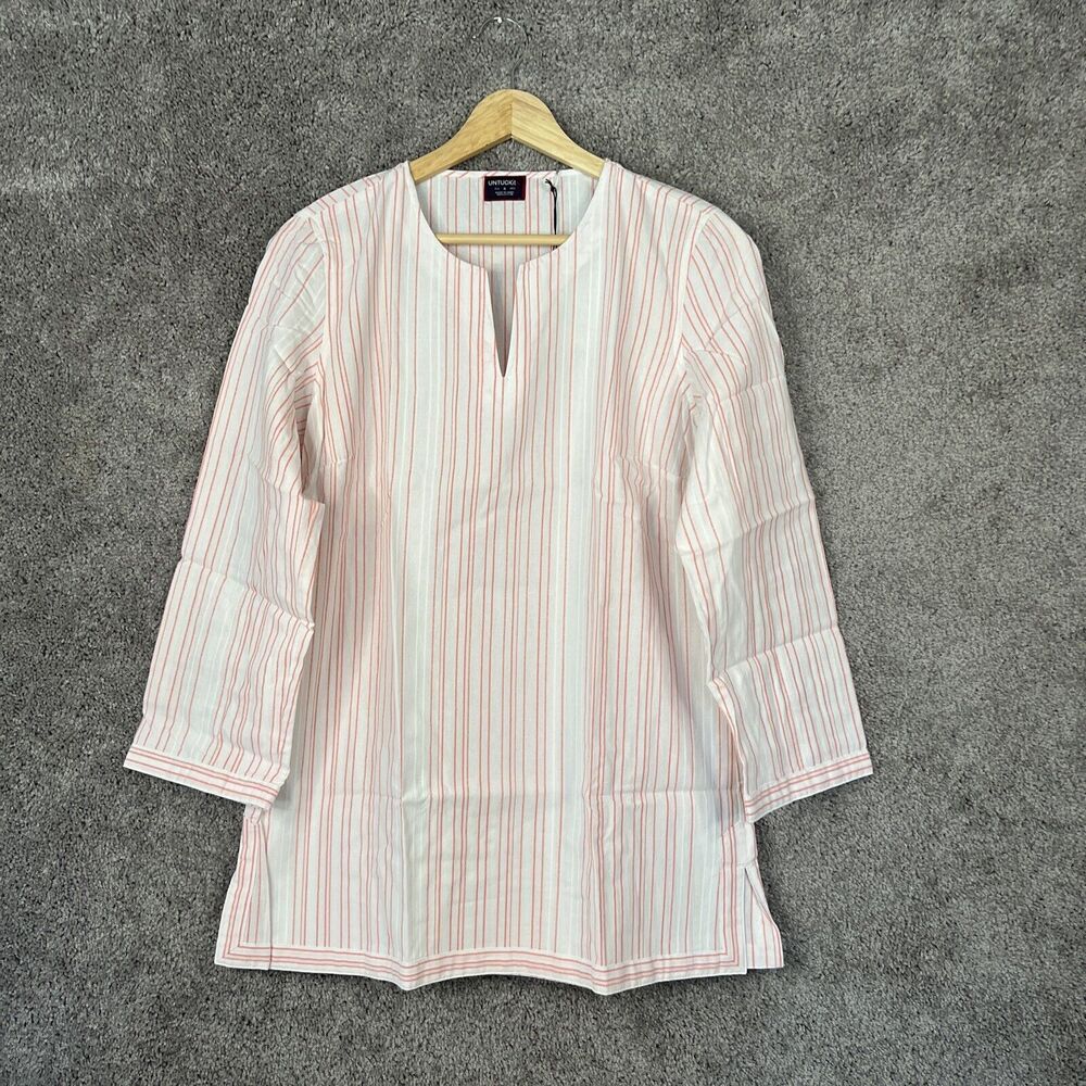 Untuckit Womens Shirt Durfort White Stripe Long Sleeve V-Neck Pullover SideTop